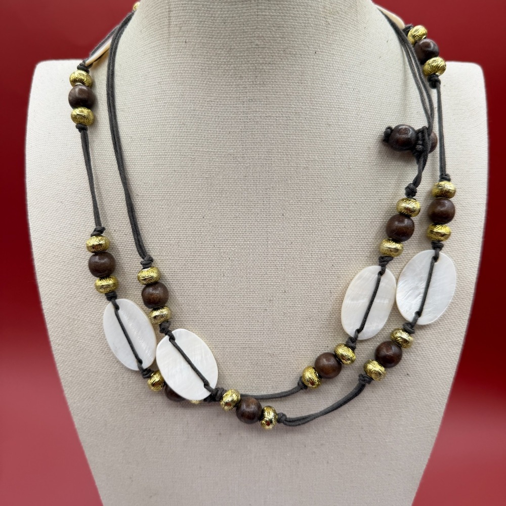 Pearlescent White Disc Wood Bead Double Strand Necklace Gold Tone Boho Statement